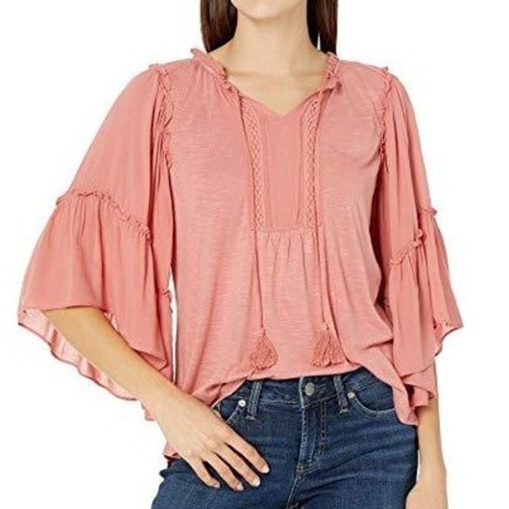 Vintage‎ America Boho Peasant Blouse Coral Pink Bell Sleeve Tassel Hippie Medium